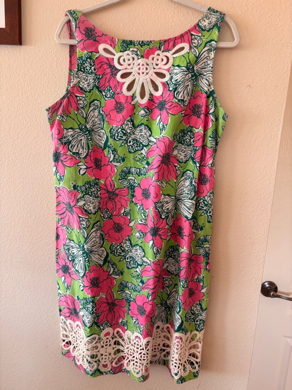 Lilly Pulitzer Retro Butterfly Shift Dress with Crochet Trim - Pink & Green